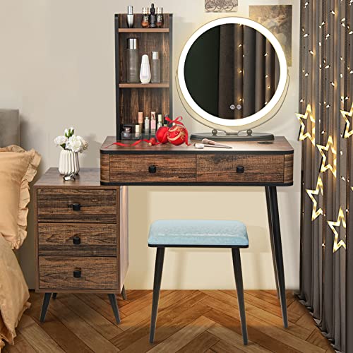 CHARMAID Vanity Table Set with 3-Color Dimmable Lighted Mirror, Human Body Induction, Side Cabinet, 2 Drawers, Storage Shelves, Dressing Table Makeup Desk with Stool for Girls Women (Rustic Brown)