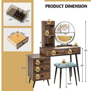 CHARMAID Vanity Table Set with 3-Color Dimmable Lighted Mirror, Human Body Induction, Side Cabinet, 2 Drawers, Storage Shelves, Dressing Table Makeup Desk with Stool for Girls Women (Rustic Brown)