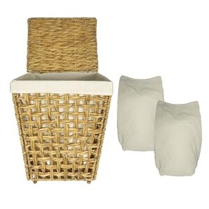 natural v-shape foldable storage basket with 2 cotton fitted bags, 4 legs, 2 side handles, attached lid, made in vietnam, 23 inch x 13.5 inch x 18 inch