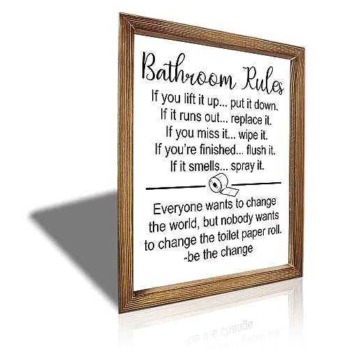 WTRA Funny Bathroom Rules Sign Rustic Farmhouse Wall Art Decor, Toilet Wood Frame Hanging Signs 16x6 Inch, Modern Farmhouse Room Wall Art For Bedroom Living Home Decoration Solid Art Signs