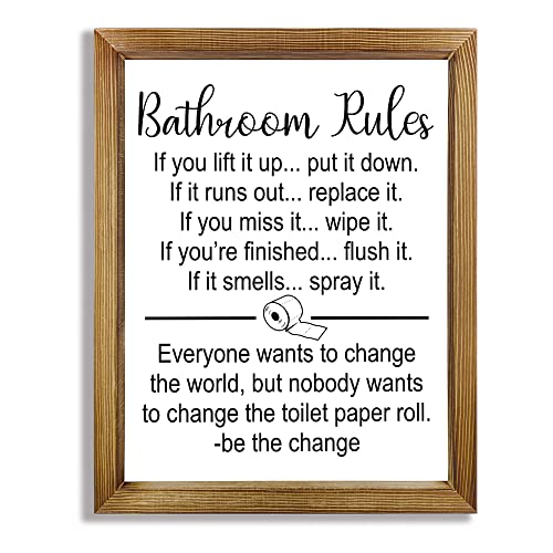 WTRA Funny Bathroom Rules Sign Rustic Farmhouse Wall Art Decor, Toilet Wood Frame Hanging Signs 16x6 Inch, Modern Farmhouse Room Wall Art For Bedroom Living Home Decoration Solid Art Signs