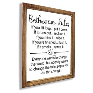 WTRA Funny Bathroom Rules Sign Rustic Farmhouse Wall Art Decor, Toilet Wood Frame Hanging Signs 16x6 Inch, Modern Farmhouse Room Wall Art For Bedroom Living Home Decoration Solid Art Signs