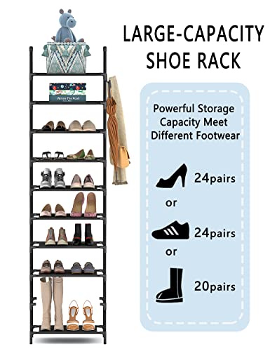 Wodeer Shoe Rack,10 Tiers Tall Free Standing Shoe Racks,Narrow Shoe Storage 20-24 Pairs Shoes, Space-Saving Shoe Shelf Organizer for Closet,Entryway,Metal Frame&Non-Woven Shelves,Black.