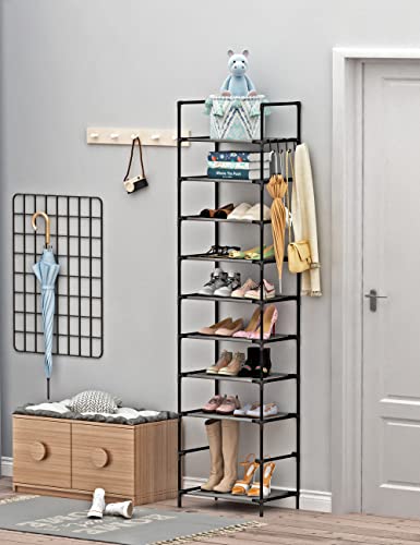 Wodeer Shoe Rack,10 Tiers Tall Free Standing Shoe Racks,Narrow Shoe Storage 20-24 Pairs Shoes, Space-Saving Shoe Shelf Organizer for Closet,Entryway,Metal Frame&Non-Woven Shelves,Black.