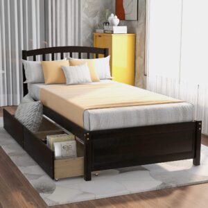 twin size wood platform bed frame with headboard and 2 underbed storage drawers,no box spring needed, noise free,espresso