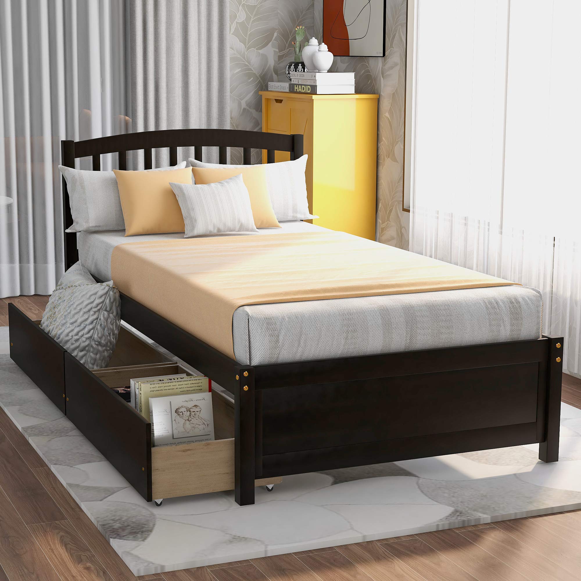 Twin Size Wood Platform Bed Frame with Headboard and 2 Underbed Storage Drawers,No Box Spring Needed, Noise Free,Espresso