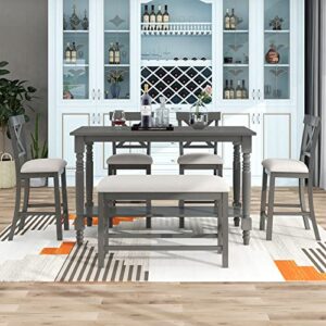 merax 6-piece wooden counter height rectangular table set with bottom shelf, 4 chairs, and padded bench, grey_fabric cushion