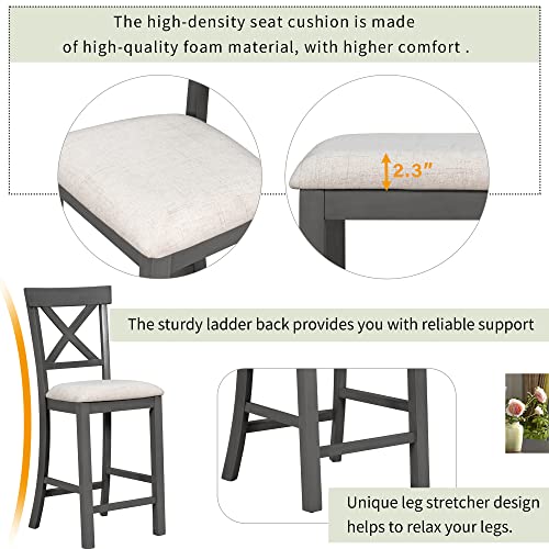 Merax 6-Piece Wooden Counter Height Rectangular Table Set with Bottom Shelf, 4 Chairs, and Padded Bench, Grey_Fabric Cushion