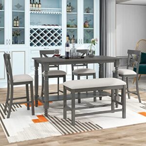 Merax 6-Piece Wooden Counter Height Rectangular Table Set with Bottom Shelf, 4 Chairs, and Padded Bench, Grey_Fabric Cushion