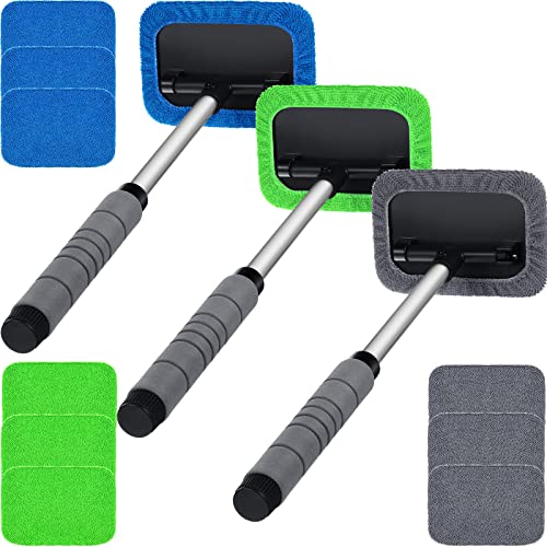 Riakrum 3 Sets Windshield Glass Cleaning Tools Auto Car Window Cleaning Tool with 9 Washable and Reusable Microfiber Pads, 3 Spray Bottle and Extendable Handle Auto Inside Glass Wiper Kit