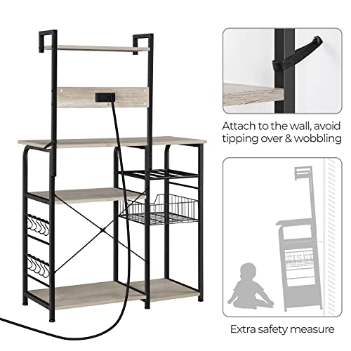 Yaheetech Bakers Rack with Power Outlet, 4-Tier Microwave Stand Cart Coffee Bar with Wire Basket and Wine Storage, Freestanding Kitchen Organizer Rack with 10 Hooks, Gray