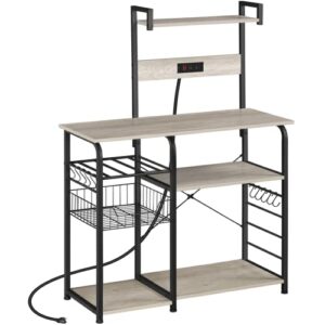 yaheetech bakers rack with power outlet, 4-tier microwave stand cart coffee bar with wire basket and wine storage, freestanding kitchen organizer rack with 10 hooks, gray