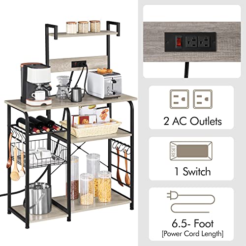 Yaheetech Bakers Rack with Power Outlet, 4-Tier Microwave Stand Cart Coffee Bar with Wire Basket and Wine Storage, Freestanding Kitchen Organizer Rack with 10 Hooks, Gray