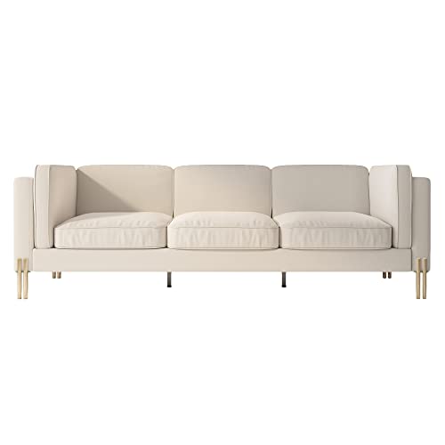 Kadway Mid-Century Modern Sofa Couch for 3-4 Persons, 95" Velvet Sofa with Gold Legs Large Load Upholstered 3 Seater Couches Sectional Couch Deep Seat Sofa for Living Room Office Beige