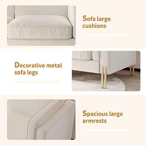 Kadway Mid-Century Modern Sofa Couch for 3-4 Persons, 95" Velvet Sofa with Gold Legs Large Load Upholstered 3 Seater Couches Sectional Couch Deep Seat Sofa for Living Room Office Beige