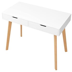 itusut modern computer desk with drawers, small white writing laptop desk makeup table vanity desk with 2 drawers & natural legs for home office