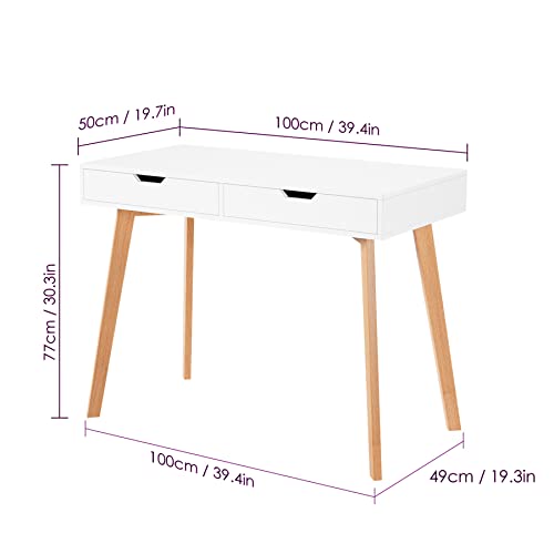 ITUSUT Modern Computer Desk with Drawers, Small White Writing Laptop Desk Makeup Table Vanity Desk with 2 Drawers & Natural Legs for Home Office