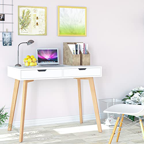 ITUSUT Modern Computer Desk with Drawers, Small White Writing Laptop Desk Makeup Table Vanity Desk with 2 Drawers & Natural Legs for Home Office