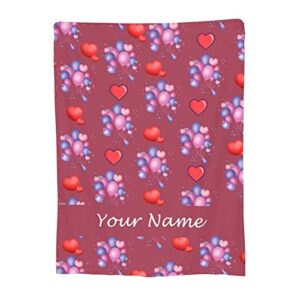 hjjkllp custom throw blanket with your name text, personalized valentines day red heart fleece blankets for adult kid family birthday couple father mother customized gifts