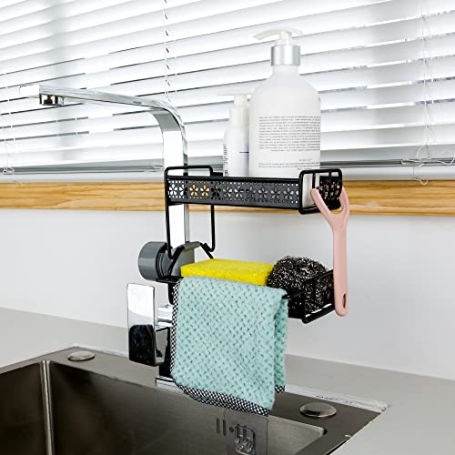 Djanland Multifunctional Faucet Rack Sponge Holder with Towel Rack & Hooks for Kitchen & Bathroom Sink Shelf Over Faucet Storage Rack, Stainless Steel Faucet Drain Rack, Universal Fit, Black