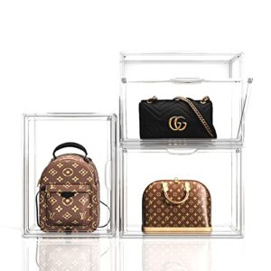 clear handbag storage organizer, 3 packs acrylic display case for purse and handbag storage organizer for closet, stackable purse display boxes with magnetic door for collectibles, wallet, toys…
