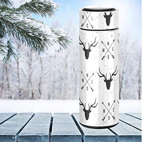 CaTaKu Arrow Deer Head Water Bottle Insulated 16 oz Stainless Steel Flask Thermos Bottle for Coffee Water Drink Reusable Wide Mouth Vacuum Travel Mug