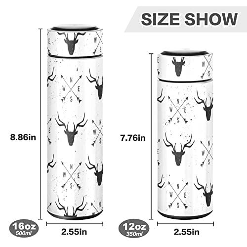 CaTaKu Arrow Deer Head Water Bottle Insulated 16 oz Stainless Steel Flask Thermos Bottle for Coffee Water Drink Reusable Wide Mouth Vacuum Travel Mug