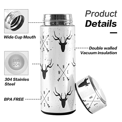 CaTaKu Arrow Deer Head Water Bottle Insulated 16 oz Stainless Steel Flask Thermos Bottle for Coffee Water Drink Reusable Wide Mouth Vacuum Travel Mug