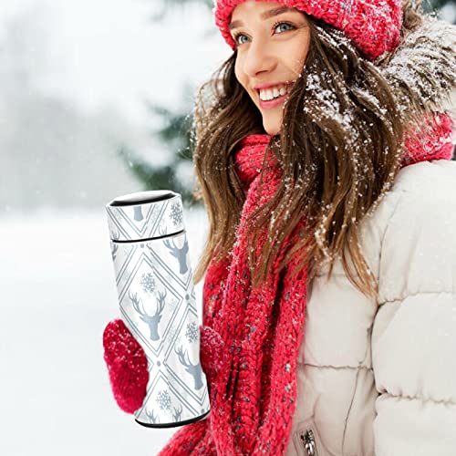 CaTaKu Reindeer Head Snowflake Water Bottle Insulated 16 oz Stainless Steel Flask Thermos Bottle for Coffee Water Drink Reusable Wide Mouth Vacuum Travel Mug