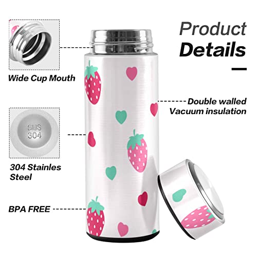 CaTaKu Cute Heart Strawberry Water Bottle Insulated 16 oz Stainless Steel Flask Thermos Bottle for Coffee Water Drink Reusable Wide Mouth Vacuum Travel Mug