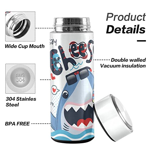 CaTaKu Cute Sea Shark Water Bottle Insulated 16 oz Stainless Steel Flask Thermos Bottle for Coffee Water Drink Reusable Wide Mouth Vacuum Travel Mug