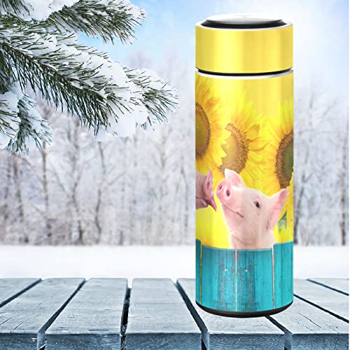 CaTaKu Sunflower Pig Wooden Water Bottle Insulated 16 oz Stainless Steel Flask Thermos Bottle for Coffee Water Drink Reusable Wide Mouth Vacuum Travel Mug