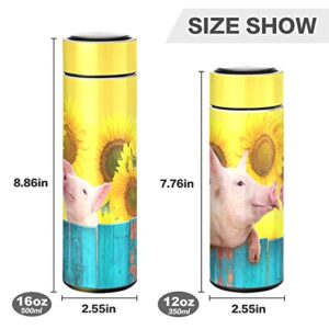 CaTaKu Sunflower Pig Wooden Water Bottle Insulated 16 oz Stainless Steel Flask Thermos Bottle for Coffee Water Drink Reusable Wide Mouth Vacuum Travel Mug