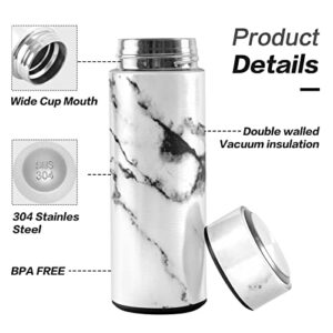 CaTaKu White Marble Vintage Water Bottle Insulated 16 oz Stainless Steel Flask Thermos Bottle for Coffee Water Drink Reusable Wide Mouth Vacuum Travel Mug