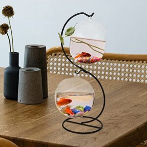 OUNONA Desktop Hanging Glass Fish Tank Mini Dual Aquarium Glass Betta Fish Bowl Clear Fish Cylinder Bowl with Iron Stand Planter Terrariums Tabletop Hydroponics Vase for Home Office B