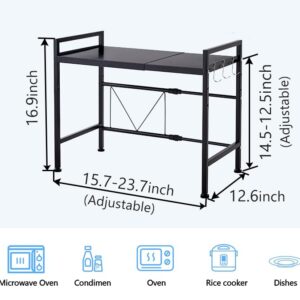 Expandable Microwave Oven Rack, 2 Tiers Metal Heavy Duty Microwave Stand, Adjustable Countertop Kitchen Organizer with 3 Hooks (Black, H-frame 2 tier)