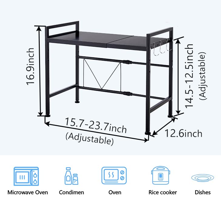 Expandable Microwave Oven Rack, 2 Tiers Metal Heavy Duty Microwave Stand, Adjustable Countertop Kitchen Organizer with 3 Hooks (Black, H-frame 2 tier)