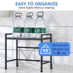 Expandable Microwave Oven Rack, 2 Tiers Metal Heavy Duty Microwave Stand, Adjustable Countertop Kitchen Organizer with 3 Hooks (Black, H-frame 2 tier)