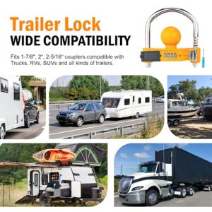 ouyanglong Heavy-Duty Steel U-Shape Combination Trailer Hitch Lock Adjustable Tow Ball Coupler Lock Storage Security Fits 1-7/8”,2”,2-5/16” Universal Coupler for RVs and Various Travel Trailers Yellow