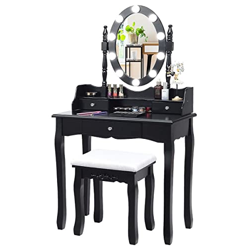 ReunionG Makeup Vanity Set with Lighted Swivel Mirror, 2 in 1 Dressing Vanity Table w/Removable Top, 10 Dimmable Bulbs, 3 Storage Drawers, Wooden Vanity Table Set, Best Gift for Women Girls (Black)