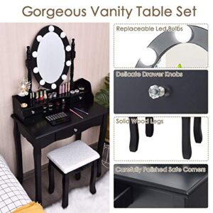 ReunionG Makeup Vanity Set with Lighted Swivel Mirror, 2 in 1 Dressing Vanity Table w/Removable Top, 10 Dimmable Bulbs, 3 Storage Drawers, Wooden Vanity Table Set, Best Gift for Women Girls (Black)