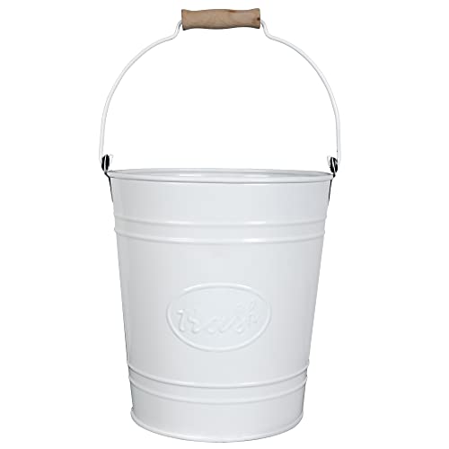 Autumn Alley Farmhouse Bathroom Trash Can - White Trash Can Bucket with Wooden Handle for Rustic Bathroom, Farmhouse Kitchen, Country Home Décor, 7 Liter, White