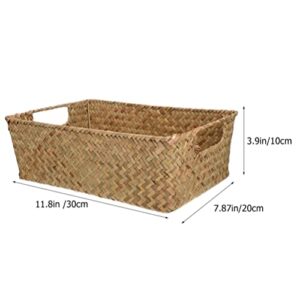 Luxshiny Baskets Large Wicker Storage Basket with Handles Rectangular Water Hyacinth Organizer Bin Retro Hand- Woven Seaweed Storage Basket Box for Jewelry Cosmetics Wicker Baskets