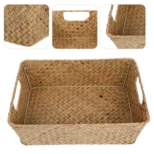 Luxshiny Baskets Large Wicker Storage Basket with Handles Rectangular Water Hyacinth Organizer Bin Retro Hand- Woven Seaweed Storage Basket Box for Jewelry Cosmetics Wicker Baskets