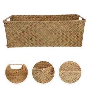 Luxshiny Baskets Large Wicker Storage Basket with Handles Rectangular Water Hyacinth Organizer Bin Retro Hand- Woven Seaweed Storage Basket Box for Jewelry Cosmetics Wicker Baskets