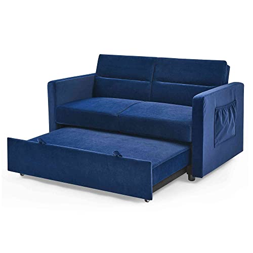 ATY Convertible Sleeper Sofa Bed, 3 in 1 Loveseat Couch with 2 Side Pockets, Put Outbed, USB Socket and Two Pillows, for Living Room, Bedroom, Guestroom, 55.5", Blue