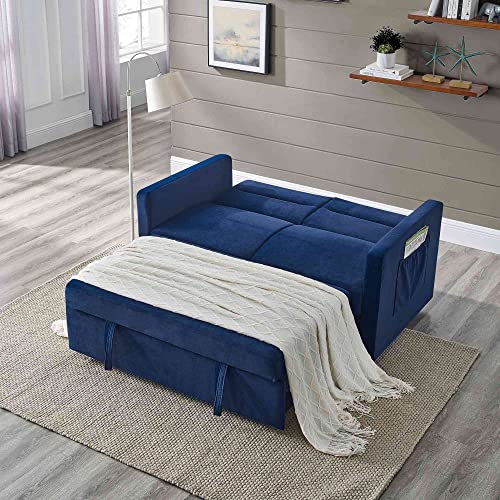 ATY Convertible Sleeper Sofa Bed, 3 in 1 Loveseat Couch with 2 Side Pockets, Put Outbed, USB Socket and Two Pillows, for Living Room, Bedroom, Guestroom, 55.5", Blue