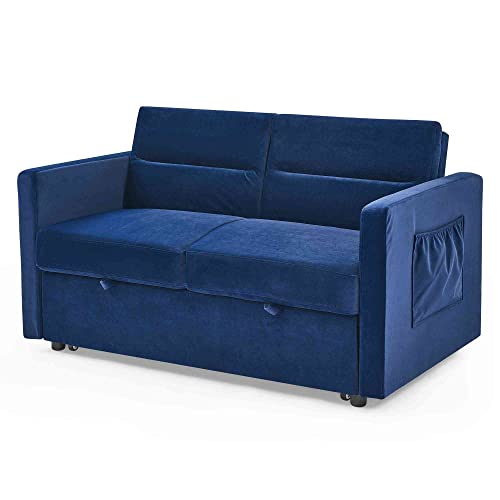 ATY Convertible Sleeper Sofa Bed, 3 in 1 Loveseat Couch with 2 Side Pockets, Put Outbed, USB Socket and Two Pillows, for Living Room, Bedroom, Guestroom, 55.5", Blue