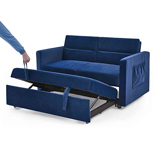 ATY Convertible Sleeper Sofa Bed, 3 in 1 Loveseat Couch with 2 Side Pockets, Put Outbed, USB Socket and Two Pillows, for Living Room, Bedroom, Guestroom, 55.5", Blue