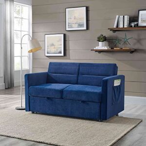 ATY Convertible Sleeper Sofa Bed, 3 in 1 Loveseat Couch with 2 Side Pockets, Put Outbed, USB Socket and Two Pillows, for Living Room, Bedroom, Guestroom, 55.5", Blue